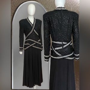 Ultra Glam Vintage Black & Silver Beaded Evening Gown
